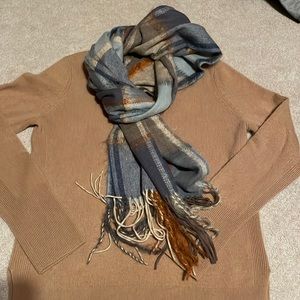 Fun, accent scarf to match, camel, navy, and denim